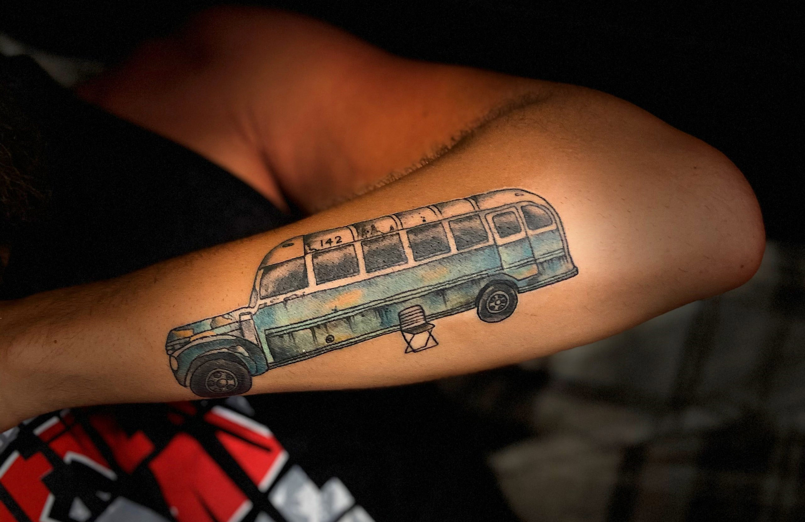 Jesse Salvacion's Bus 142 Tattoo by Russell Kelley